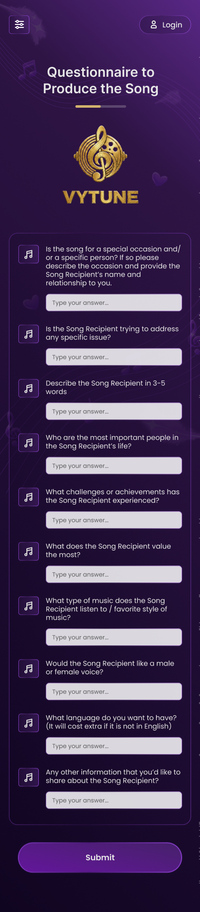 The VYTUNE questionnaire screen